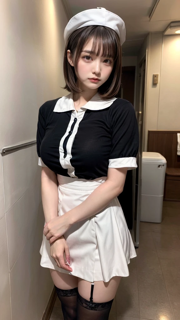 muste piece, best quality, illustration, Super detailed, fine details, High resolution, 8K,wall paper, perfect dynamic composition,(Details High quality, realistic depiction of eyes:1.3), Hospital Rooms、White nurse cap、White tights、White nurse uniform、to stand、Hand skirt、Flipping up a white skirt, large breasts,short bob hair, black hair color, Big Natural Color Lip, bold sexy pose, crying a little、cold gaze, Harajuku style、20 year old girl、cute type、lolita、beautiful legs, hposing Gravure Idol