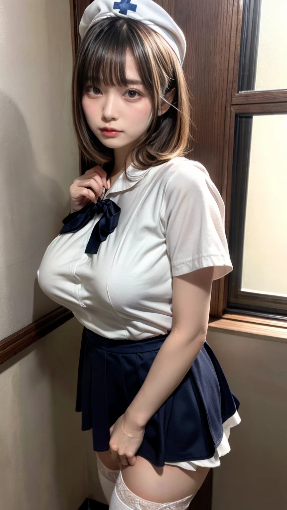 muste piece, best quality, illustration, Super detailed, fine details, High resolution, 8K,wall paper, perfect dynamic composition,(Details High quality, realistic depiction of eyes:1.3), Hospital Rooms、White nurse cap、White tights、White nurse uniform、to stand、Hand skirt、Flipping up a white skirt, large breasts,short bob hair, black hair color, Big Natural Color Lip, bold sexy pose, crying a little、cold gaze, Harajuku style、20 year old girl、cute type、ta、beautiful legs, hposing Gravure Idol