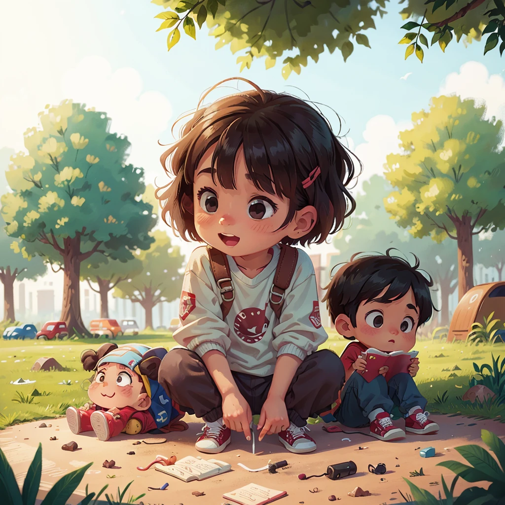 Kids on the playground, happy girl, sad boy, curious girl at the park, illustration