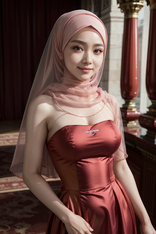 Masterpiece, best quality, high res, beautiful mature Indonesian girl wearing a hijab and wearing a transparent pink mix red satin dress, looking passionately with a sweet smile dynamic perfection, blood red, smooth, sharp focus, illustration, art, facial details, 4k, palace background heaven, brown eyes