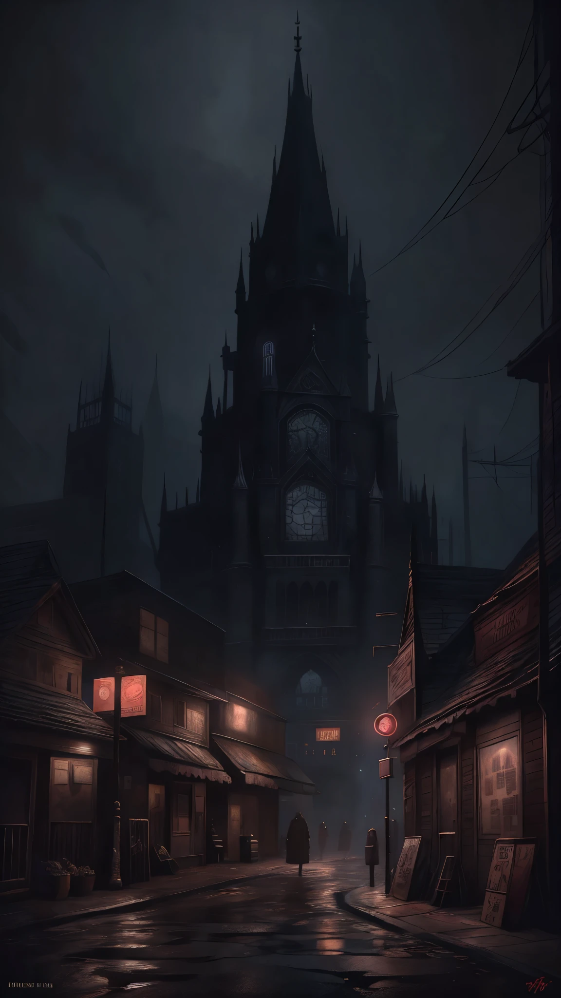 (Ink illustration on parchment). A futuristic The city of yharnam, bloodborne, oil painting, done with japanese brush technique, realistic, extreme detail, scary, terrifying, dark and warm environment, 8k, masterfully stylized, by Jeff Easley and Terry Redlin 