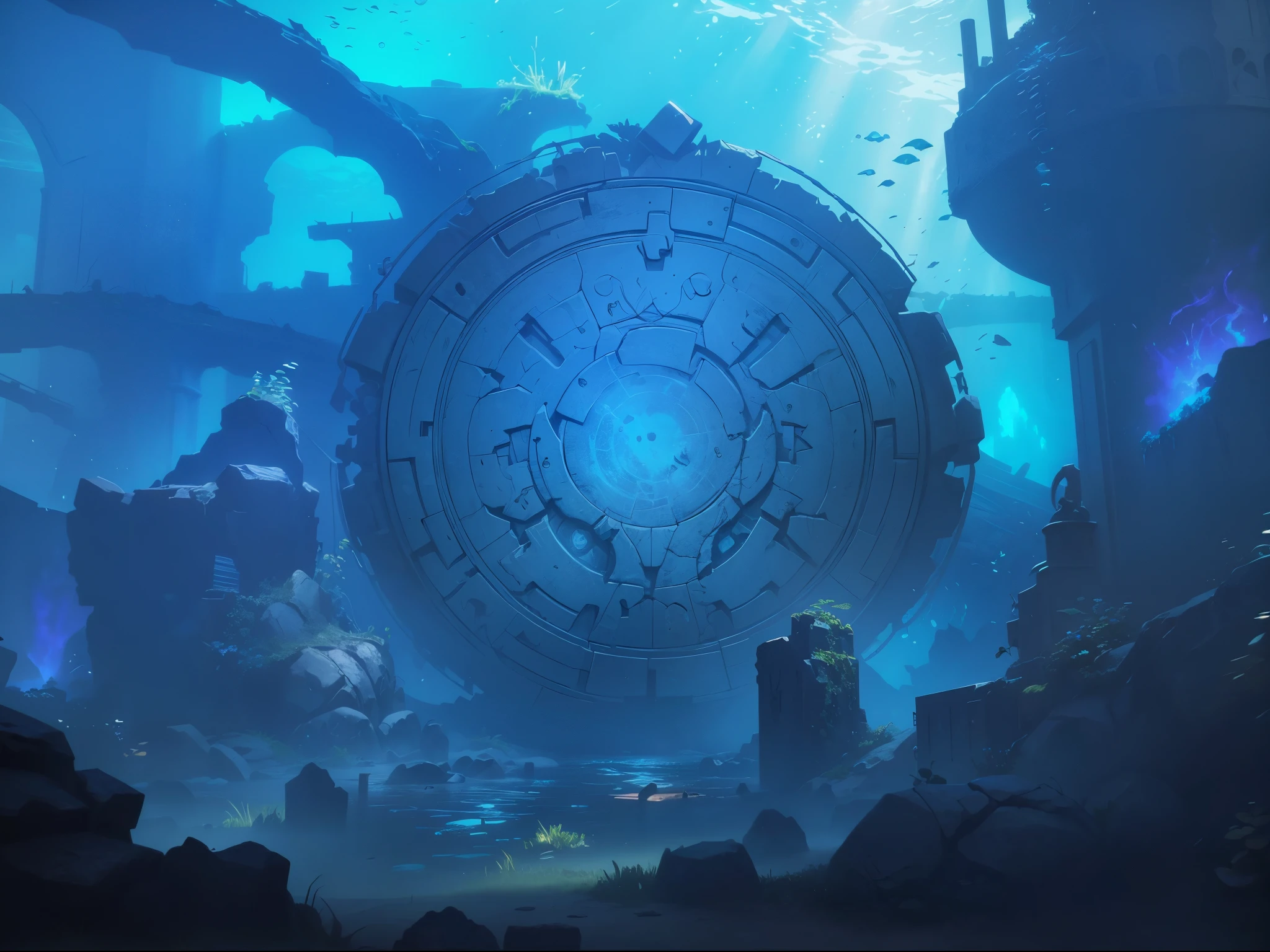 A ruin on the sea floor,There is a large sacrificial disc in the ruins.,Gloomy environment,Surrounded by some aquatic plants ,Darker prospects,magic style,League of Legends design style,High quality details,octane render,8K