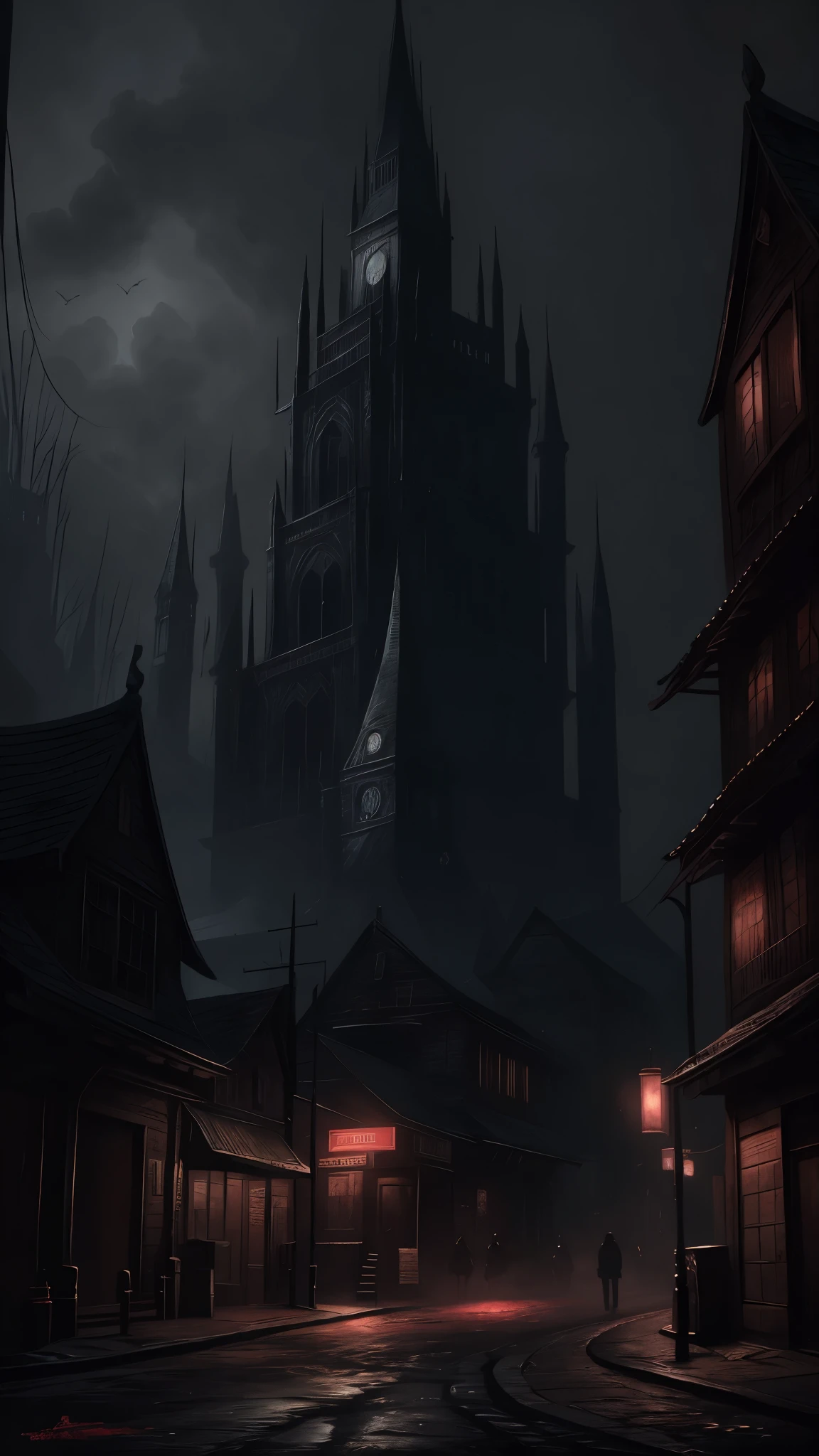 (Ink illustration on parchment). A futuristic The city of yharnam, bloodborne, oil painting, done with japanese brush technique, realistic, extreme detail, scary, terrifying, dark and warm environment, 8k, masterfully stylized, by Jeff Easley and Terry Redlin 