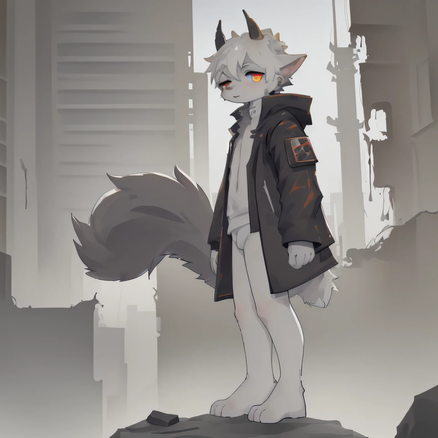 Little Boy,one person,White fur boy,Horn with broken left side,Golden Eyes,Canine ears,tail,personification,wearing a black coat,Cyberpunk Fashion,Furry,Ruined City,Debris of a collapsed building,Monochrome World,masterpiece,Cute design