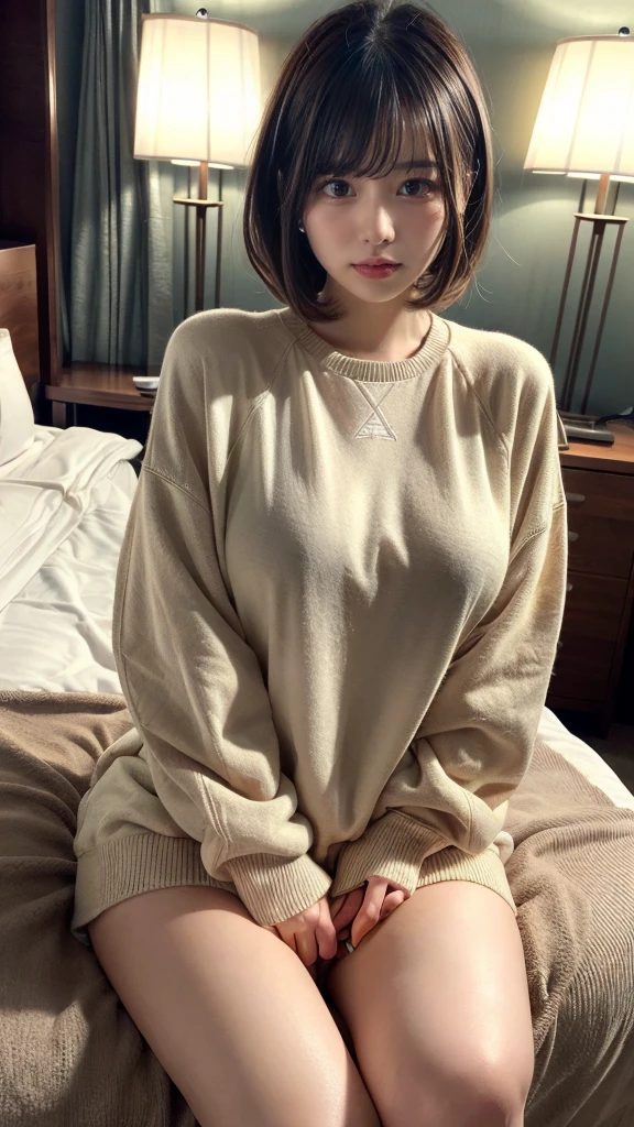 muste piece, best quality, illustration, Super detailed, fine details, High resolution, 8K,wall paper, perfect dynamic composition,(Details High quality, realistic depiction of eyes:1.3), (Fashionable、Beige oversized sweatshirt、long-sleeve), large breasts,short bob hair, black hair color, Big Natural Color Lip, bold sexy pose, crying a little、cold gaze, Harajuku style、20 year old girl、cute type、ta、beautiful legs, hotel room, hposing Gravure Idol, (woman on top, straddling, sitting)