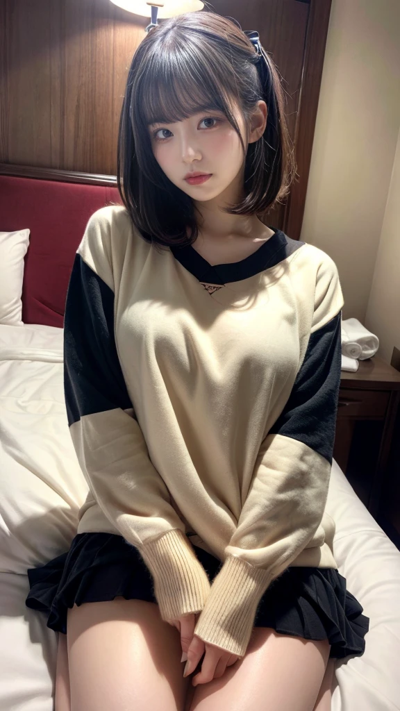 muste piece, best quality, illustration, Super detailed, fine details, High resolution, 8K,wall paper, perfect dynamic composition,(Details High quality, realistic depiction of eyes:1.3), (Fashionable、Beige oversized sweatshirt、long-sleeve), large breasts,short bob hair, black hair color, Big Natural Color Lip, bold sexy pose, crying a little、cold gaze, Harajuku style、20 year old girl、cute type、ta、beautiful legs, hotel room, hposing Gravure Idol, (woman on top, straddling, sitting)