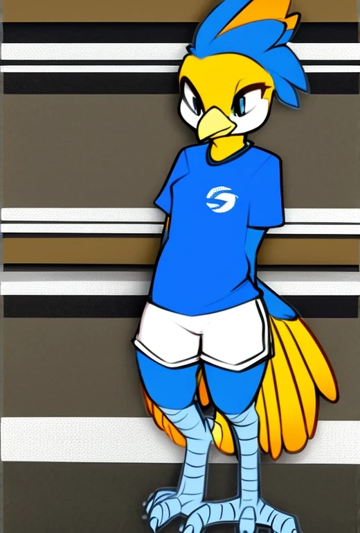 anthro furry, SDTwitterBird, blue skin, yellow beak, bird legs, talons, 1girl, t-shirt, logo, shorts, (masterpiece:1.2), best quality, crisp, clear,