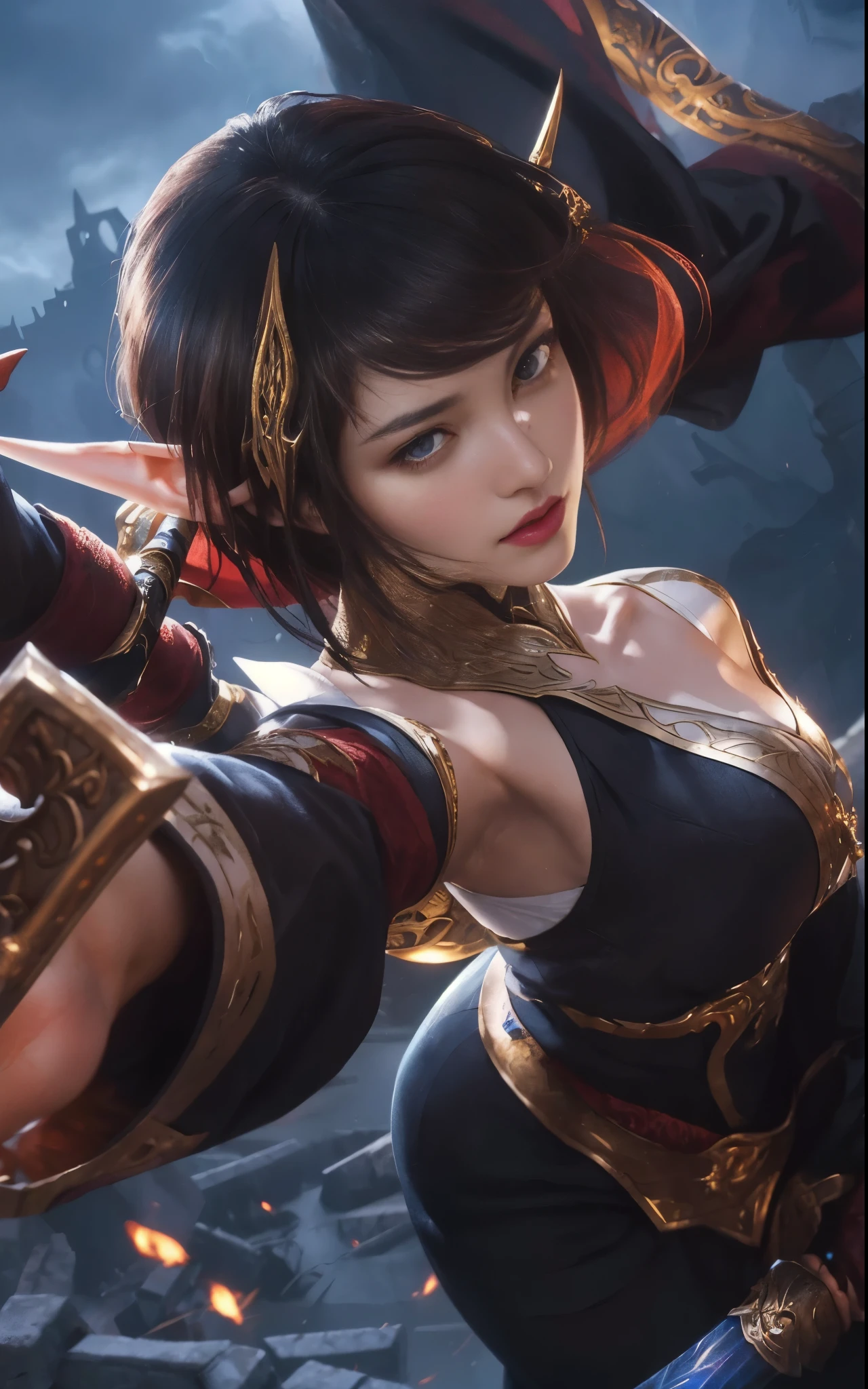 (a close up of a woman holding a sword),artgerm,extremely detailed,artgerm lau,artgerm style,artgerm detailed,irelia,inspired by Li Shida,portraits,portrait of ahri,trending artgerm,pale skin,dark hair,sharp features,bright eyes,stern expression,flowing red cloak,ornate golden hilt,elaborate sword design,magical aura,ancient ruins in the background,fierce and determined stance,dynamic lighting,high contrast colors,vibrant and saturated tones, elf ears
