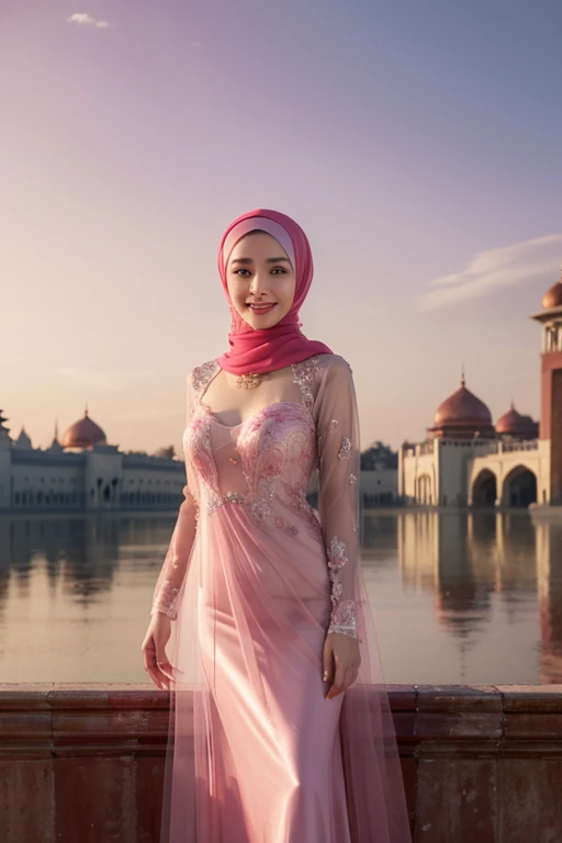 Masterpiece, best quality, high res, beautiful mature Indonesian girl wearing a hijab and wearing a transparent pink mix red satin dress, looking passionately with a sweet smile dynamic perfection, smooth, sharp focus, illustration, art, facial details, 4k, palace background heaven, brown eyes