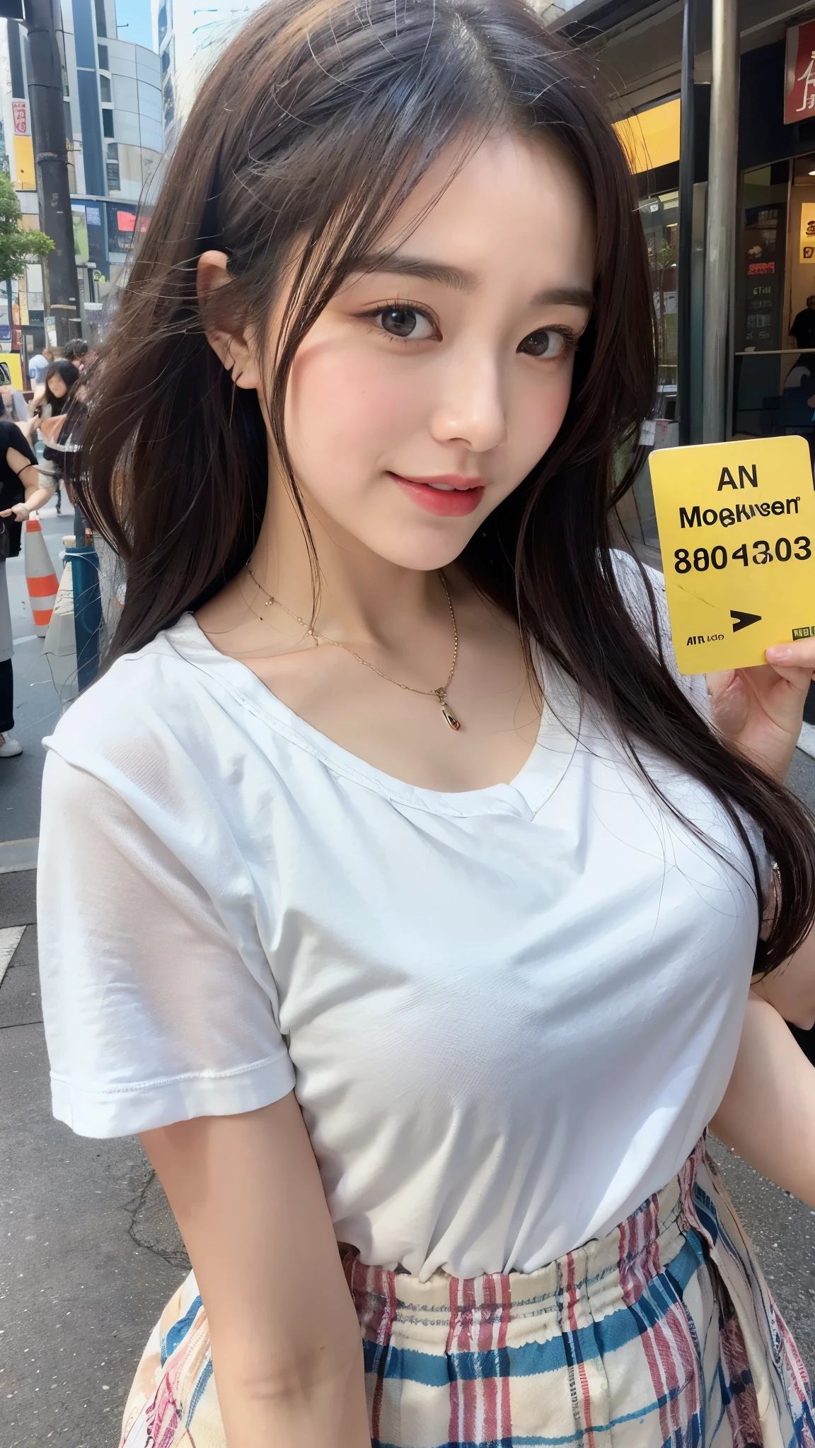 (highest quality、8k、32k、masterpiece、Hmph:1.2)、Cute Japanese Women Photos、Big ample breasts、Shortcuts、Face Focus、White T-shirt、necklace、From above、Looking at the audience、Laughter、Dimples、Dynamic Shadows、Wet shiny hair、Watery eyes、In the streets of Akihabara