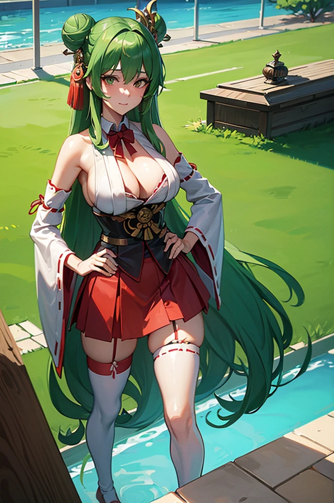 ((best quality)), ((masterpiece)), (detailed), perfect face,  woman, green hair, long hair, thigh high, shrine maiden, miko priestess, garter belt, pool side theme, hands on hips, long skirt, hair in bun, bunny  woman