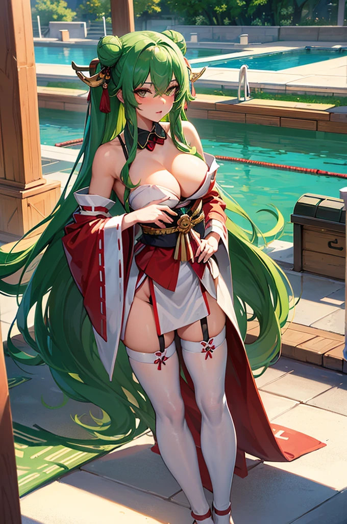 ((best quality)), ((masterpiece)), (detailed), perfect face, woman, green hair, long hair, thigh high, shrine maiden, miko priestess, garter belt, pool side theme, hands on hips, long skirt, hair in bun, bunny woman