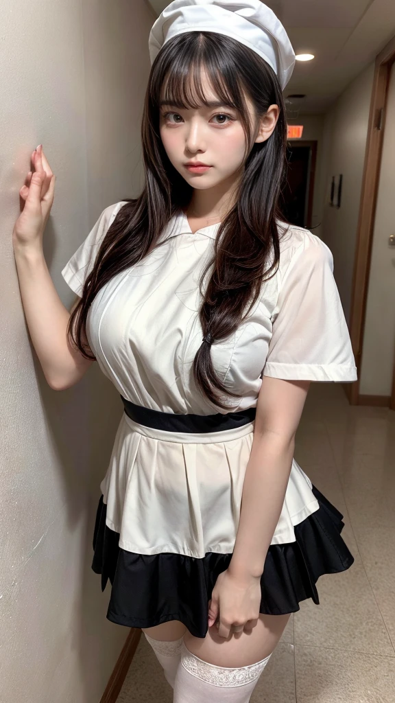 muste piece, best quality, illustration, Super detailed, fine details, High resolution, 8K,wall paper, perfect dynamic composition,(Details High quality, realistic depiction of eyes:1.3), Hospital Rooms、White nurse cap、White tights、White nurse uniform、to stand、Hand skirt、Flipping up a white skirt, large breasts,short bob hair, black hair color, Big Natural Color Lip, bold sexy pose, crying a little、cold gaze, Harajuku style、20 year old girl、cute type、lolita、beautiful legs, hposing Gravure Idol