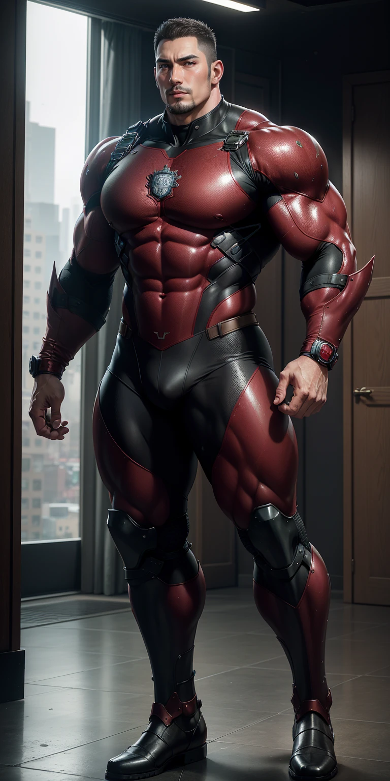 Tall giant muscular police officer,Wine red honeycomb pattern nano mecha,Honeycomb pattern,Lightweight texture,Character Concept(Resident Evil - Chris Redfield,Chris Redfield)senior police officer,Small grid texture,Regular symmetrical texture pattern,Sad expression,Deep and charming eyes,Emerald Eyes Hero,Heroic male pose,高大Burly,muscular!Attractive leg muscles,High, Burly, Heqiang, Super Buff and Coolness, High Resolution Committee, Bigfoot Burgundy Ultra-thin Nano-Mechanical Boots,Charismatic strongman,The bright sunshine shines on you,Matte particles,Shiny texture