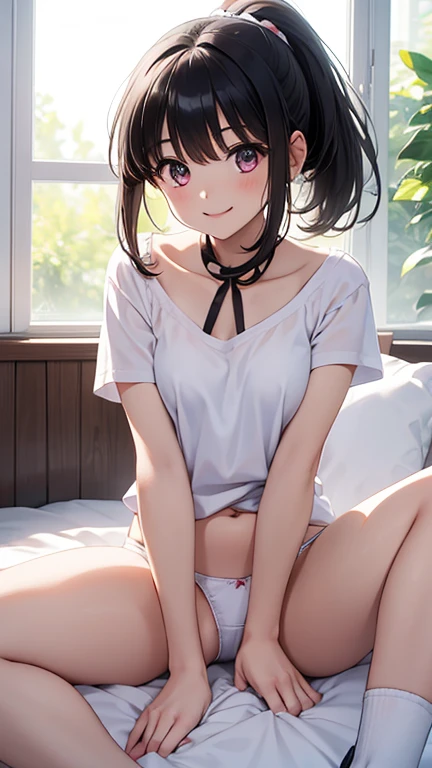 One girl,(((Wearing white cotton panties))),(((On the bed, spread your legs and raise your thighs))),big eyes,((Short hair with a ponytail around the neck)),Wearing white knee socks,Cute clothes,Girl is facing the front,Suite Room,Excited,The chest is a little small,Black brown hair,Wearing a pink ribbon,Baby Face,She is looking at me shyly, but her mouth is open and she is smiling.,Pink eyes,