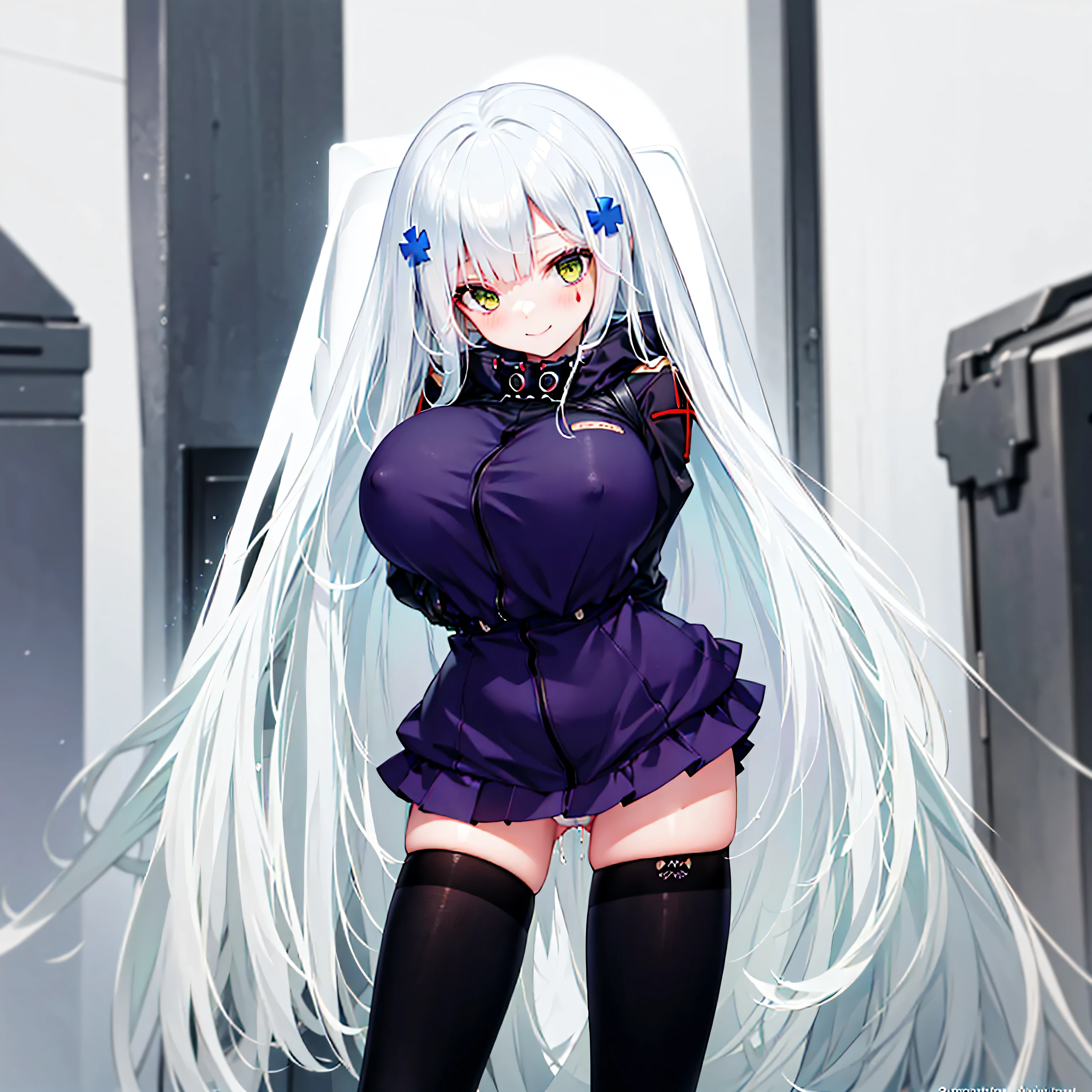 (solo), (416_GirlsFrontline), skinny girl, BREAK, (disproportionately huge breasts:1.4), bursting breasts, narrow shoulders, narrow waist, (skinny long legs), arms behind back, BREAK, (dark purple jacket), (very short high-waist skirt), thigh gap, (black thighhighs), BREAK, smile for viewer, embarrassed, nose blush, (nsfw:0.7), slipping white panty, pussy juice dripping down