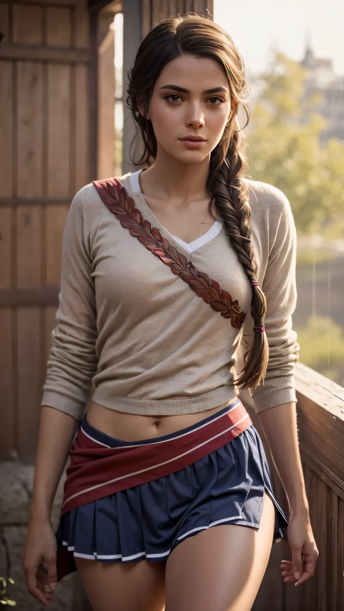 1girl, Kassandra, braided hair, brunette,  uniform, shy, blush, wet, rain, transparent, (masterpiece, best quality), soft light, cinematic composition, cinematic light