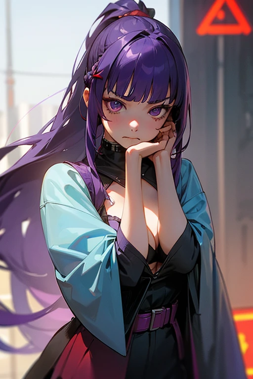 1 girl, Blunt bangs, Braiding, Wide sleeves, hair ornaments, Red Belt, (Purple Hair:1.2), Very long hair, Straight hair, Looking at the audience, Highly detailed background, (Realistic:1.2), Beautiful Eyes, Red eyeshadow, Written boundary depth,thigh, (Ulzzang-6500:0.7), Upper Body, (alone:1.2), (Cyberpunk City:1.1), Cleavage, Shiny skin、Sit at the bar counselor、Hair blowing in the wind、Please touch your cheeks with both hands...、Touching hair with both hands、ponytail、Angry face、