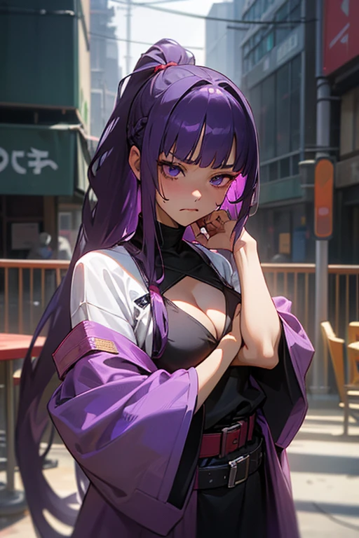 1 girl, Blunt bangs, Braiding, Wide sleeves, hair ornaments, kimono, Red Belt, (Purple Hair:1.2), Very long hair, Straight hair, Looking at the audience, Highly detailed background, (Realistic:1.2), Beautiful Eyes, Red eyeshadow, Written boundary depth,thigh, (Ulzzang-6500:0.7), Upper Body, (alone:1.2), (Cyberpunk City:1.1), Cleavage, Shiny skin、Sit at the bar counselor、Hair blowing in the wind、Please touch your cheeks with both hands..、Touching hair with both hands、ponytail