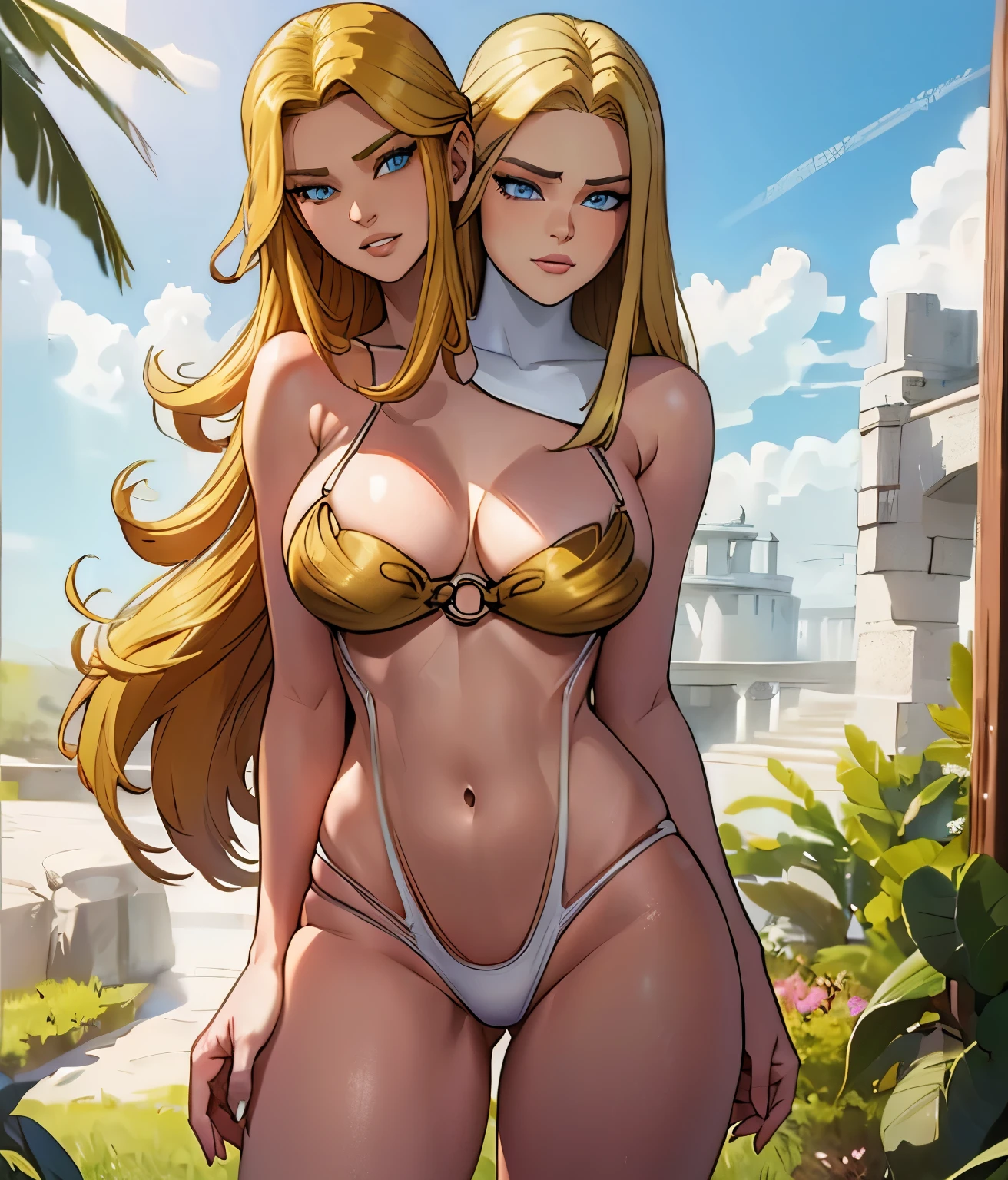 (masterpiece),(ultra-detailed), (high quality), (high resolution), (best quality:1.5, highres, UHD), highres, absurdo, ultra detail, ultra quality, Ultra resolution, 16k, 1girl, (2heads:1.5), ((girl with two heads)), ((blonde hair:1.5)), seductive grin, casual dress, sexy proportions, (exposed midriff), thighs, Beautiful girl with accentuated slender abs, ((seductive posture)), ((white bikini)), ((different hairstyles)), different haircuts, (long hair), ice blue eyes, exposed midriff,