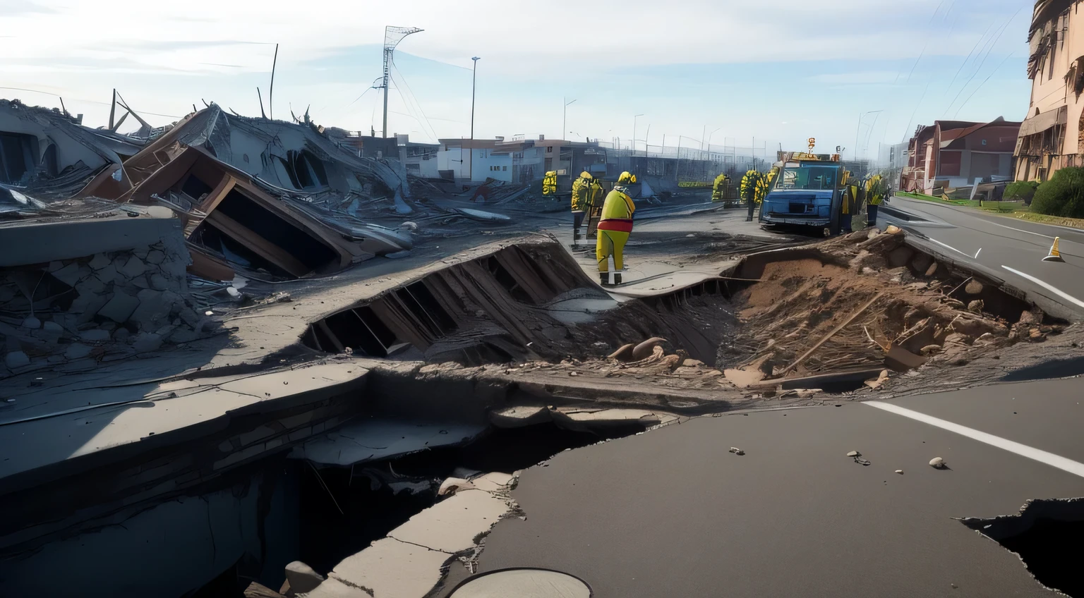 arafed road with a large crack in the middle of it, earthquake destruction, disaster photography, an amazing photo, earthquake, damaged streets, sinkholes, deep sinkhole, sinkhole, collapsed buildings, by Manfredi Beninati, amazing photo, mutiversal tsunami, landslide road, large cracks, buildings collapsed, collapsed floors, damaged structures