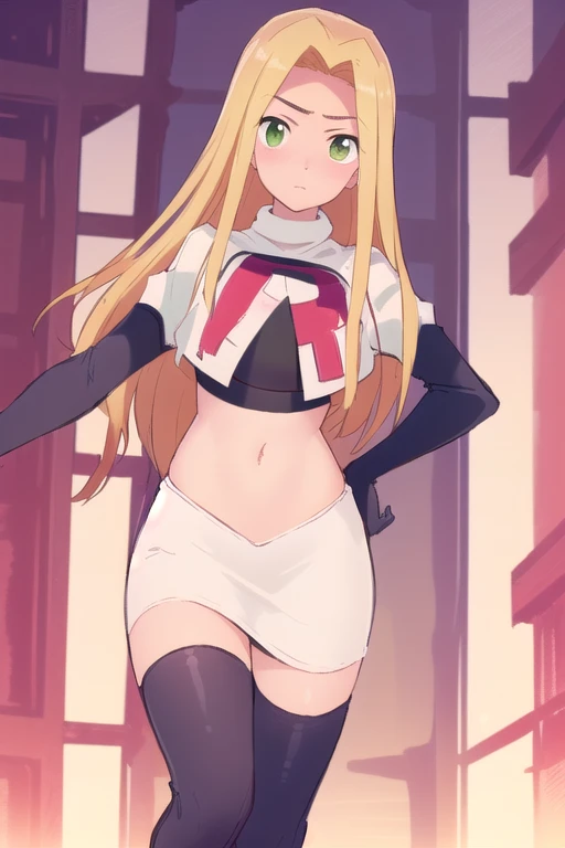 (masterpiece, best quality, high resolution:1.4), rapunzel, green eyes, (loose hair:1.3), looking at viewer, team rocket,team rocket uniform,white skirt,red letter R,crop top,black thigh-highs,black elbow gloves