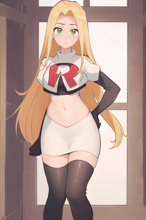 (masterpiece, best quality, high resolution:1.4), rapunzel, green eyes, (loose hair:1.3), looking at viewer, team rocket,team rocket uniform,white skirt,red letter R,crop top,black thigh-highs,black elbow gloves