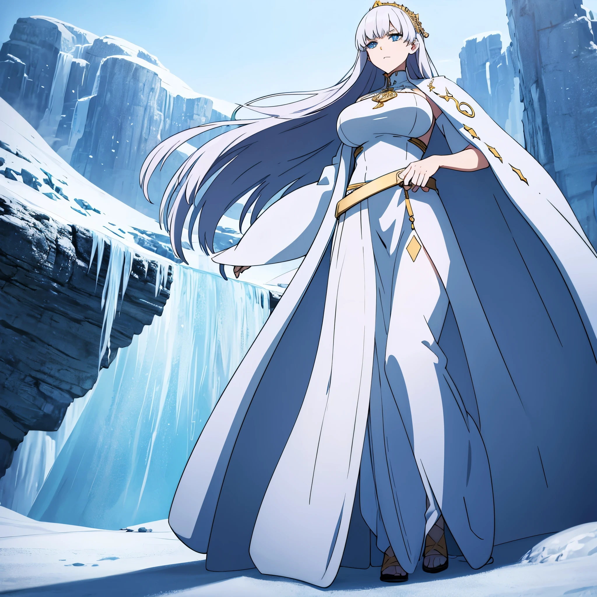 a woman wearing white dress with gold details, long dress, wearing an ice blue fur cape, long bank hair, ice blue eyes, walking at the bottom of an ice castle, winter location with ice mountains in the background, snow fog ice in place, cold expression, big breasts,HDR, masterpiece, well defined, ultra resolution, high quality, 8k HD. (just a woman, solo)
