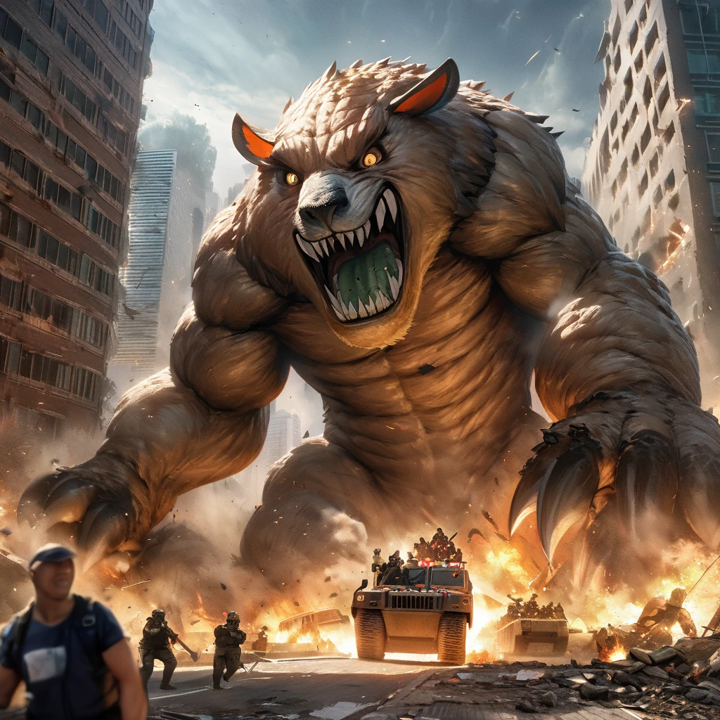 (kaiju Capybara themed:1.1), Beijing, cityscape, skyline, destruction, chaos, scared citizens, fleeing people, tall buildings collapsing, smoke and dust, frightened faces, emergency services, police sirens, chaos in the streets, chaos in the sky, giant creature, massive paws, sharp claws, ferocious teeth, angry eyes, destructive rampage, monstrous size, fast movement, unstoppable force, shocked crowd, panicked screams, damaged cars, broken infrastructure, desperate attempts to stop, small military vehicles, futile resistance, fear and confusion, urban warfare, epic battle, desperate situation, brave heroes, determination, hope for salvation, resilience, destruction and rebirth, rising from the ashes, new beginnings, rebuilding the city, unity and solidarity, overcoming adversity, emerge victoriously, triumphant celebration, the legend of the kaiju Capybara lives on. (best quality,4k,8k,highres,masterpiece:1.2), ultra-detailed, realistic, HDR, vivid colors, bokeh, dynamic lighting.