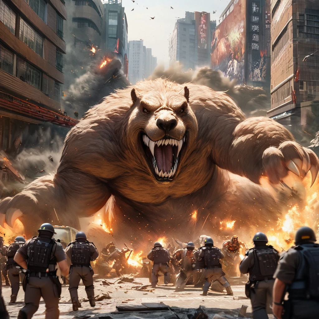 High-resolution 3D scene, epic rampage, Los Angeles in chaos under siege by gummy bears