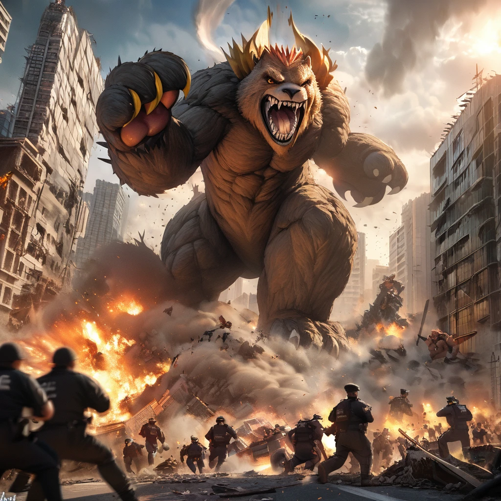 (kaiju Capybara themed:1.1), Beijing, cityscape, skyline, destruction, chaos, scared citizens, fleeing people, tall buildings collapsing, smoke and dust, frightened faces, emergency services, police sirens, chaos in the streets, chaos in the sky, giant creature, massive paws, sharp claws, ferocious teeth, angry eyes, destructive rampage, monstrous size, fast movement, unstoppable force, shocked crowd, panicked screams, damaged cars, broken infrastructure, desperate attempts to stop, small military vehicles, futile resistance, fear and confusion, urban warfare, epic battle, desperate situation, brave heroes, determination, hope for salvation, resilience, destruction and rebirth, rising from the ashes, new beginnings, rebuilding the city, unity and solidarity, overcoming adversity, emerge victoriously, triumphant celebration, the legend of the kaiju Capybara lives on. (best quality,4k,8k,highres,masterpiece:1.2), ultra-detailed, realistic, HDR, vivid colors, bokeh, dynamic lighting.
