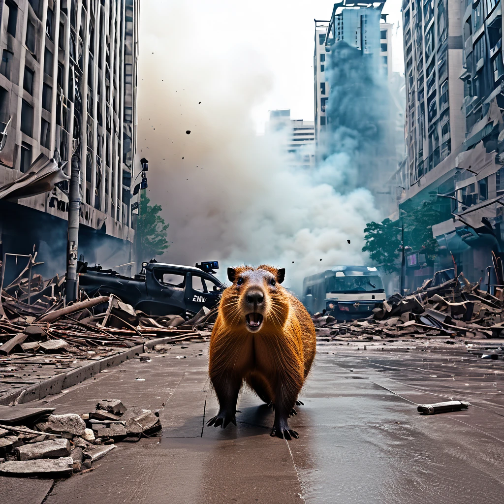 (kaiju Capybara themed:1.1), Beijing, cityscape, skyline, destruction, chaos, scared citizens, fleeing people, tall buildings collapsing, smoke and dust, frightened faces, emergency services, police sirens, chaos in the streets, chaos in the sky, giant creature, massive paws, sharp claws, ferocious teeth, angry eyes, destructive rampage, monstrous size, fast movement, unstoppable force, shocked crowd, panicked screams, damaged cars, broken infrastructure, desperate attempts to stop, small military vehicles, futile resistance, fear and confusion, urban warfare, epic battle, desperate situation, brave heroes, determination, hope for salvation, resilience, destruction and rebirth, rising from the ashes, new beginnings, rebuilding the city, unity and solidarity, overcoming adversity, emerge victoriously, triumphant celebration, the legend of the kaiju Capybara lives on. (best quality,4k,8k,highres,masterpiece:1.2), ultra-detailed, realistic, HDR, vivid colors, bokeh, dynamic lighting.