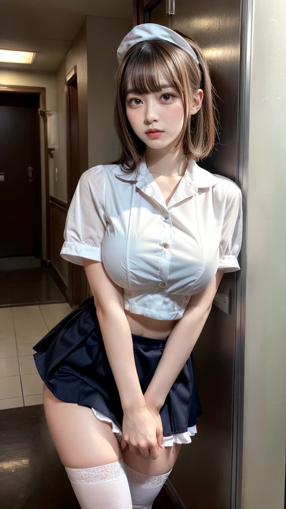 muste piece, best quality, illustration, Super detailed, fine details, High resolution, 8K,wall paper, perfect dynamic composition,(Details High quality, realistic depiction of eyes:1.3), Hospital Rooms、White nurse cap、White tights、White nurse uniform、to stand、Hand skirt、Flipping up a white skirt, large breasts,short bob hair, black hair color, Big Natural Color Lip, bold sexy pose, crying a little、cold gaze, Harajuku style、20 year old girl、cute type、ta、beautiful legs, hposing Gravure Idol