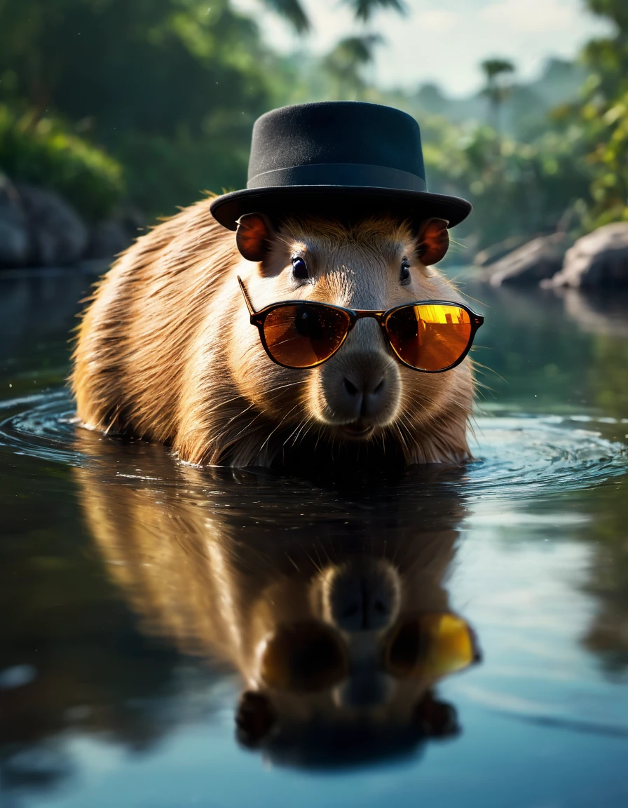 Capybara wearing oversized sunglasses, reflection showcasing another capybara with a stylish hat in Benedick Bana-inspired neuro digital art, 35mm studio photography, emphasis on reflection within glasses, sharp focus capturing the intricate fur texture, Miki Asai Macro photography approach, close-up composition, trending on ArtStation as a Greg Rutkowski signature piece, hyper-detailed, trending on ArtStation, humor, fun, dramatic lighting, vivid colors. hyper-detailed, 32k resolution, digital painting, ultra-fine details.