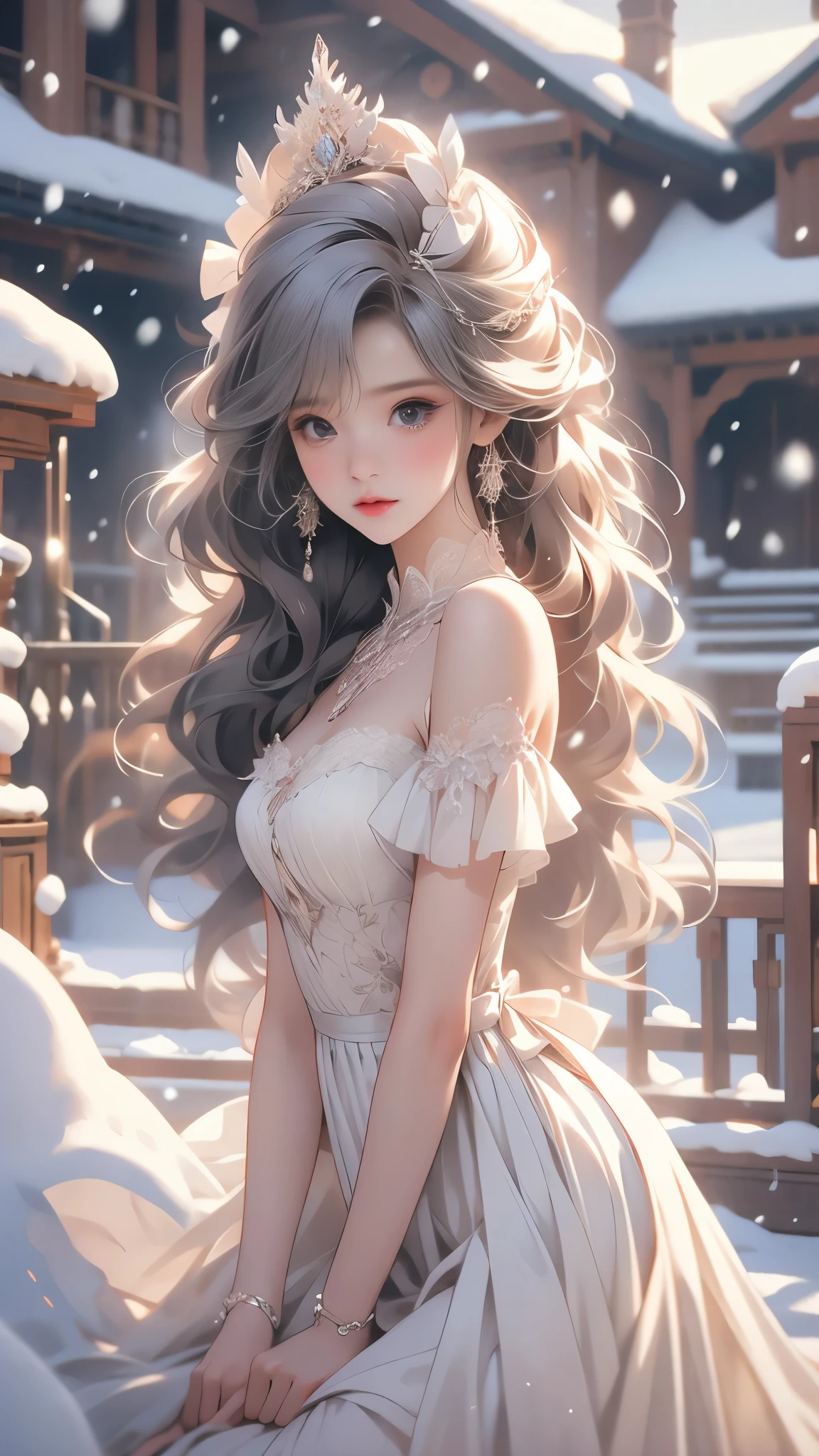 (8k,RAW photos, Best quality, masterpiece:1.2),(Realistically, Shoot real:1.4),hide your face from sadness,
Lolita clothing,Lace, Iris Gainsborough, Upper part of the body,thigh,Expose bare shoulders, external, (external,Covered with snow,) high quality, Adobe Lightroom, High Detail Skin, Looking at the audience,