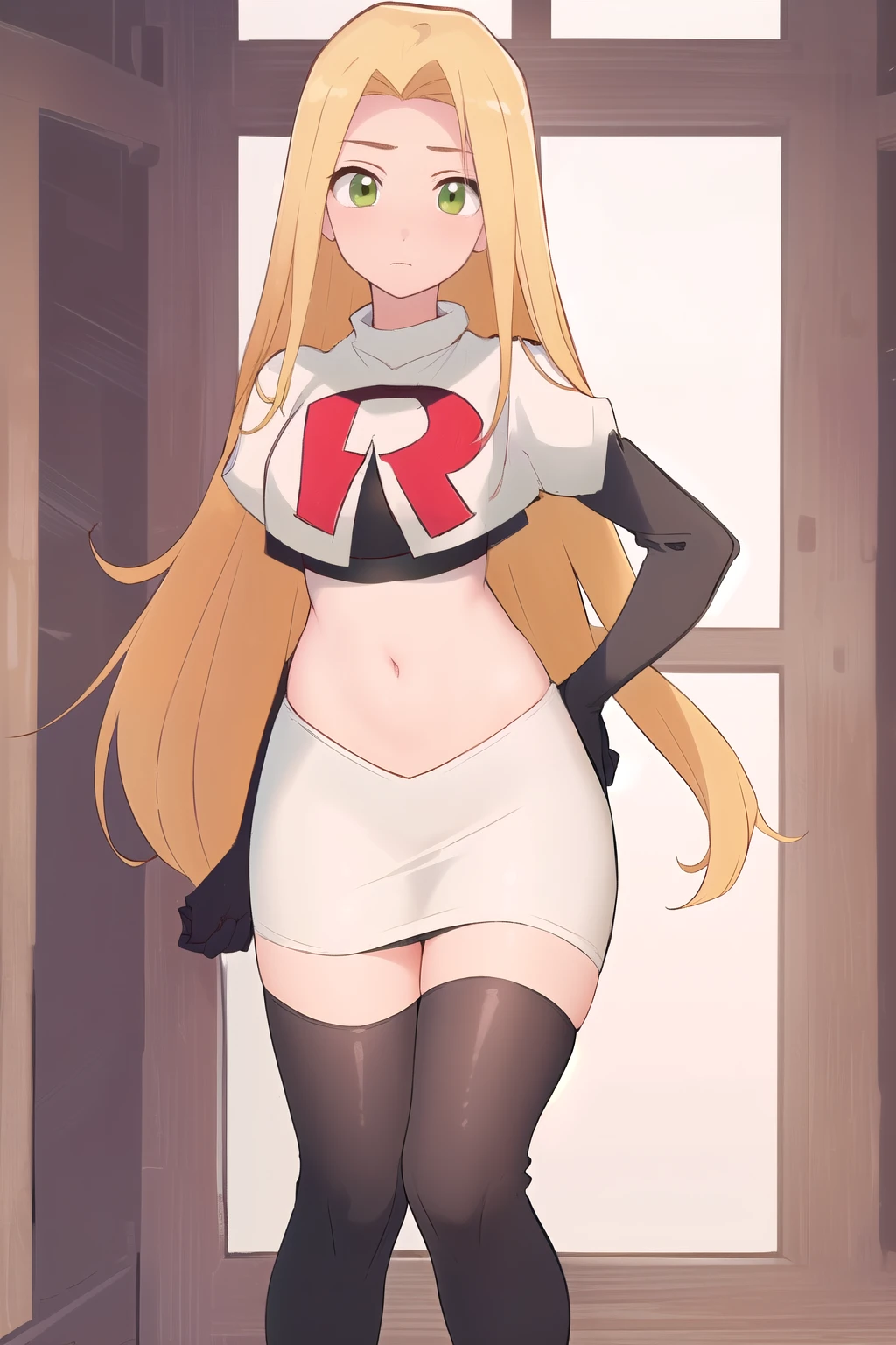 (masterpiece, best quality, high resolution:1.4), rapunzel, green eyes, (loose hair:1.3), looking at viewer, team rocket,team rocket uniform,white skirt,red letter R,crop top,black thigh-highs,black elbow gloves