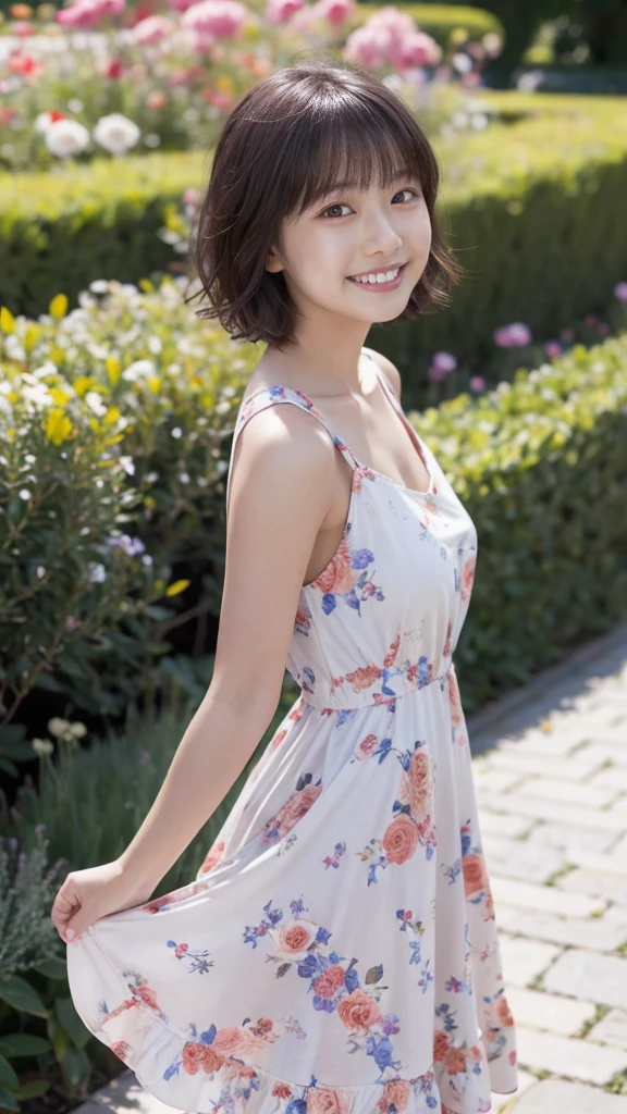 masterpiece, highest quality, disorganized, perfect anatomy, 1 girl, alone, pascal tales, short hair, beautiful, Hilarious, sunny day, botanical garden, Summer winds, sundress, Floral, wavy hair, smile