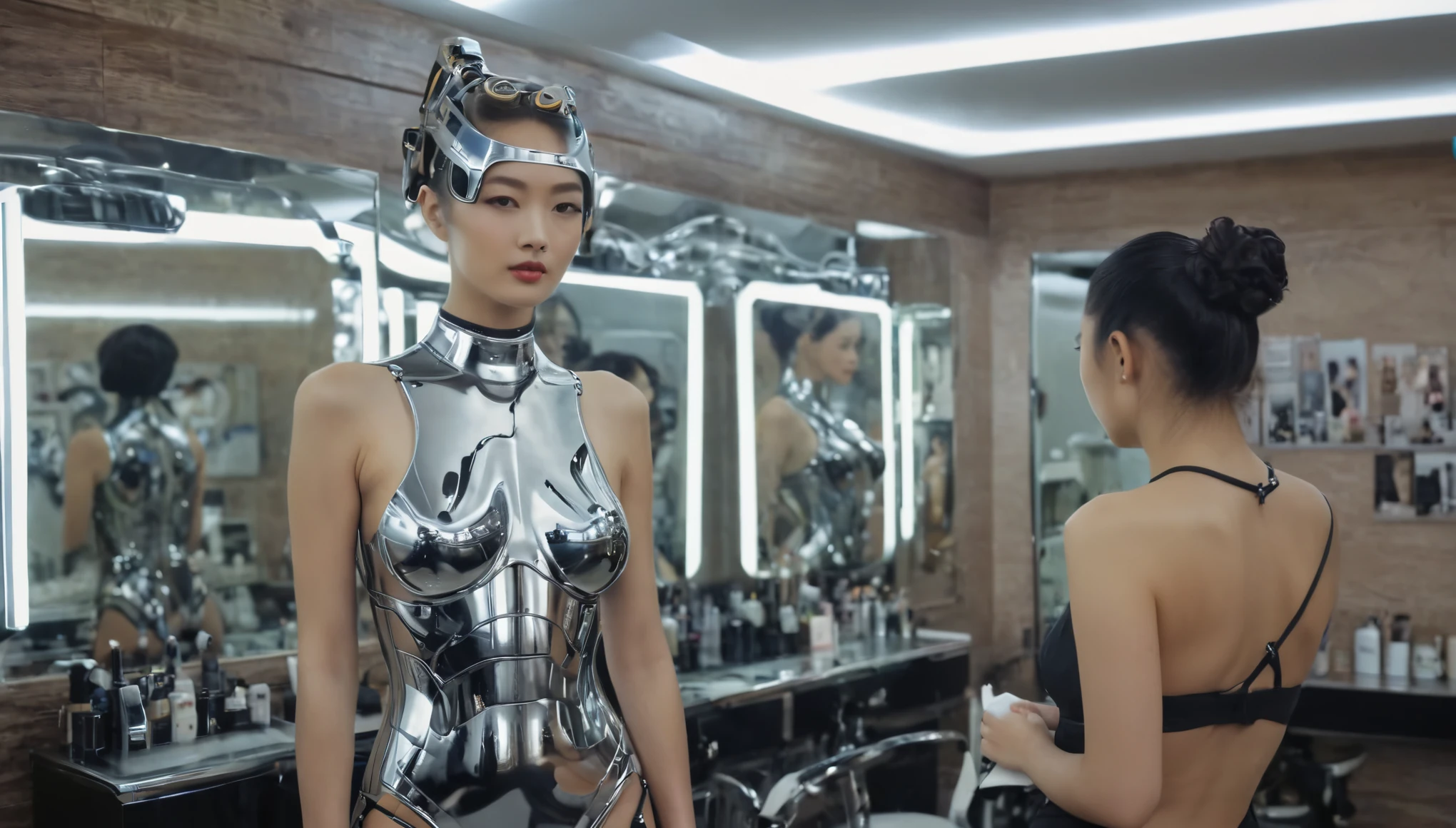 (Best image quality, 4k, high resolution: 1.2), wide angle, panoramic, monocular camera, Hajime Sorayama, a sexy robot, fully mechanical, full body, standing in a hair salon in Beijing, exquisite face, real face, Detailed depiction of facial features, correct gestures, correct body structure, ambient light, ultra-detailed, soft light, Kodak Ektar 100, emotional color, DSLR camera
