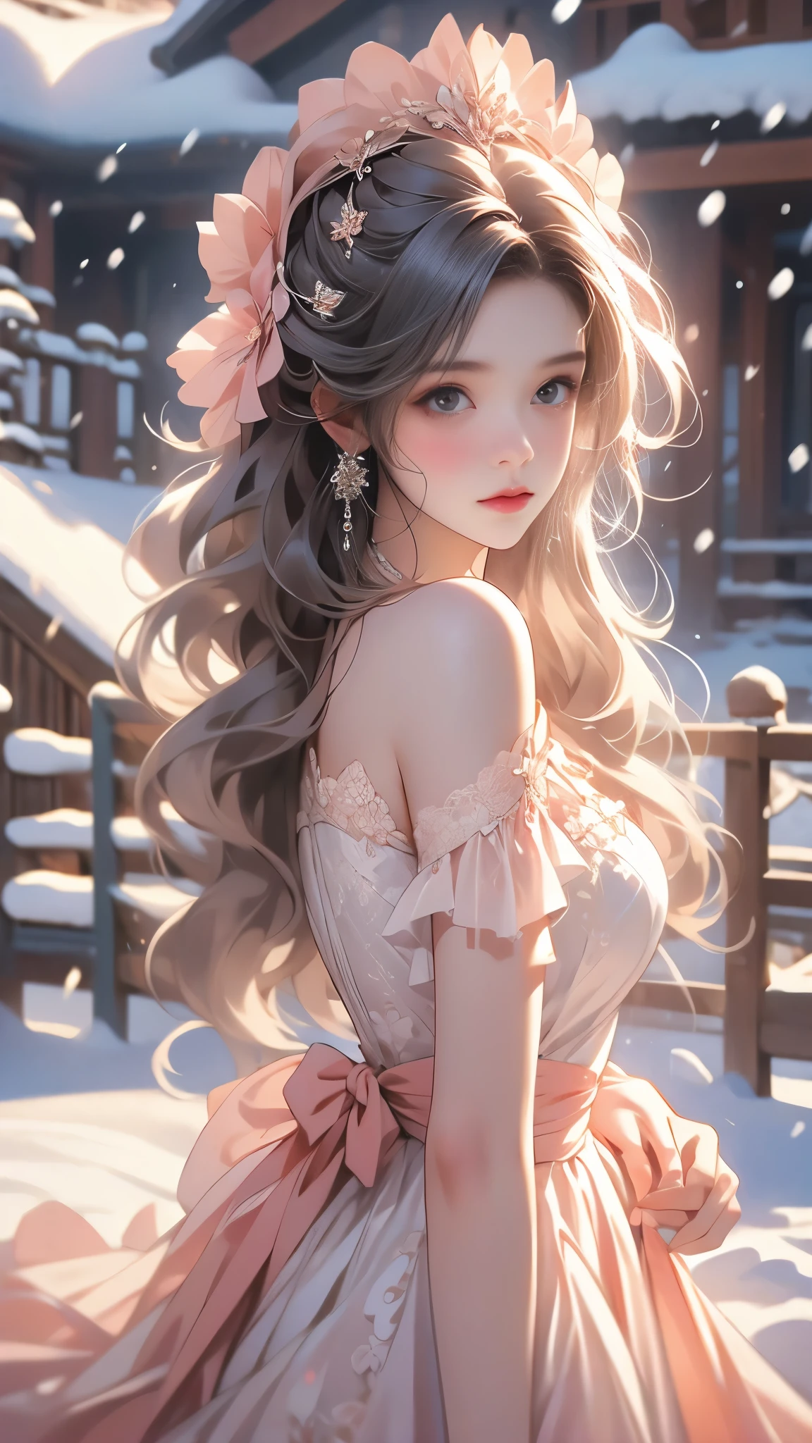 (8k,RAW photos, Best quality, masterpiece:1.2),(Realistically, Shoot real:1.4),hide your face from sadness,
Lolita clothing,Lace, Iris Gainsborough, Upper part of the body,thigh,Expose bare shoulders, external, (external,Covered with snow,) high quality, Adobe Lightroom, High Detail Skin, Looking at the audience,