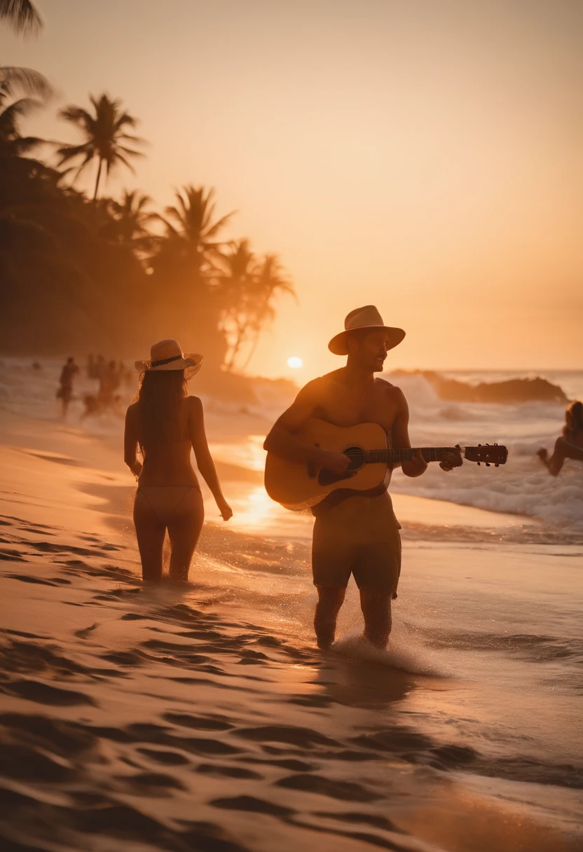 lual na praia, jovens homens e mulheres +18 de bikini tocando violao, singing and dancing around the fire, mulheres de bikini surfando semi nuas