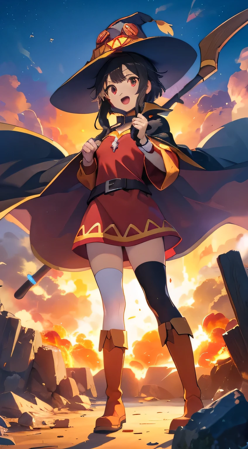 casting magic, magic, staff, holding staff, explosion, full body, hat, holding, open mouth, standing, boots, cape,megumin, megumindef