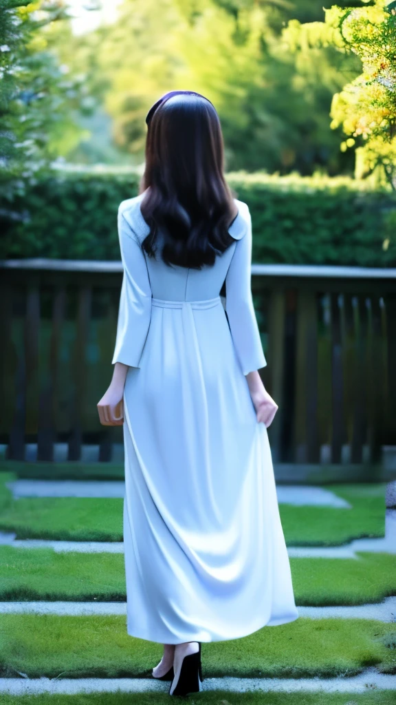 wide shot, angle from the back, full body,((highest quality)), ((masterpiece)), (detailed), Back hair only,Does not extend beyond the screen from head to toe,whole body,standing from behind,Slender Japanese woman,Long sleeves and blue long dress,Young Japanese,long hair,Photo quality,color high heels,White background,Beautiful legs,ハイヒールはdetailedに描く,手の指はdetailedに描く,Not bow-legged