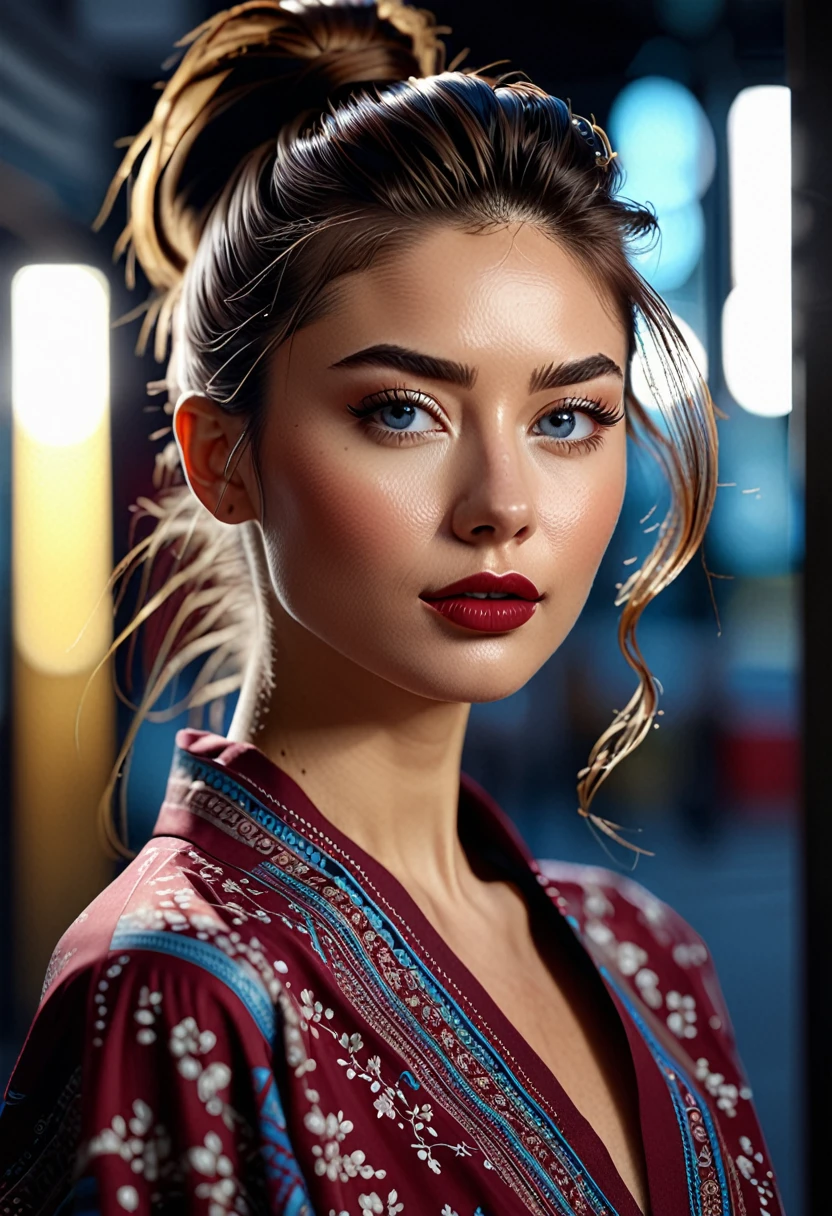 RAW color photo of very high quality and details, double exposure, sharp lines, monochrome background, 50mm, Canon EOS R10 + effect, focus on art by @DrDB, soft lighting, depth of field effect;underground, f2, 35mm, grain film, half-body shot (((Realism; 8k definition capabilities; The main scene is a full view of the person's image taken from a distance with an f/1.2 wide-angle camera; realistic image; woman, normal appearance, style contemporary, blue eyes; light brunette, 38 years old, wears square glasses and long hair tied in a high ponytail,))); ((sculptural body, thin abdomen, shaped waist)), small, well-shaped eyes; thin and detailed eyebrows, (dark brown hair long hair styled in a high tied ponytail), very detailed skin texture, slight dimple on the face without makeup, small mouth with burgundy lipstick 1.4, long dress 1.6))), facial features clear)); (((photographic, photographic, photogenic))), candid moment, genuine expressions, detailed facial features, emotional depth (radiant expression; looking at the front of the scene: 1,2), (((completely contrasted background))) clothes more ultra-real: 1.8)), legs in front of each other: 1.4, ((exposed detail: 1.4, full focus on scene position (f/1.2)); Sunlight hitting a forest; Spectacular ambient lighting, luminous colors, cinematic atmosphere, realism style, intricate details in high capture (((Ultra-high resolution, physics-based rendering. ((Many bright and colorful particles are flying: 1.5, backlit)) . full-figured woman, calm appearance, bohemian style, blue eyes;