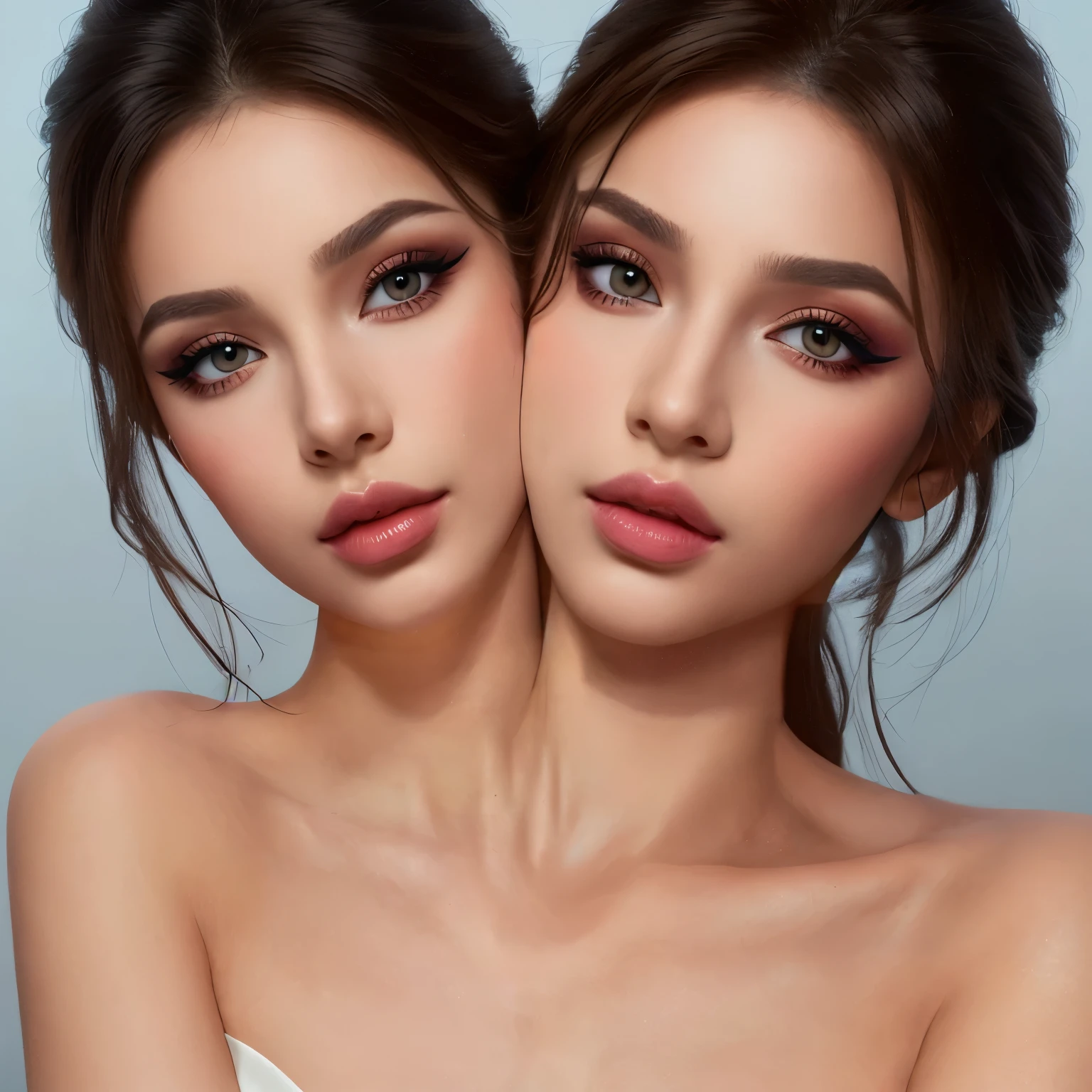 heads are positioned next to each, necks are fused, only one neck total, large neck
