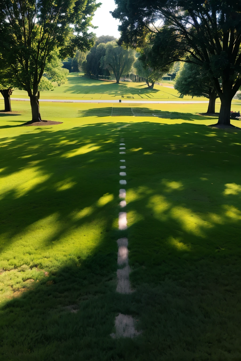 There is a bird standing in the grass beside the tree, Zoom-out shot, Shoot from 5 feet, Photographed from a distance, long distance aerial view, Photo from top to bottom at a 45-degree angle, Viewed from directly above, [ Top view ]!!, On a green lawn, Look from above, under the soft shadow of trees