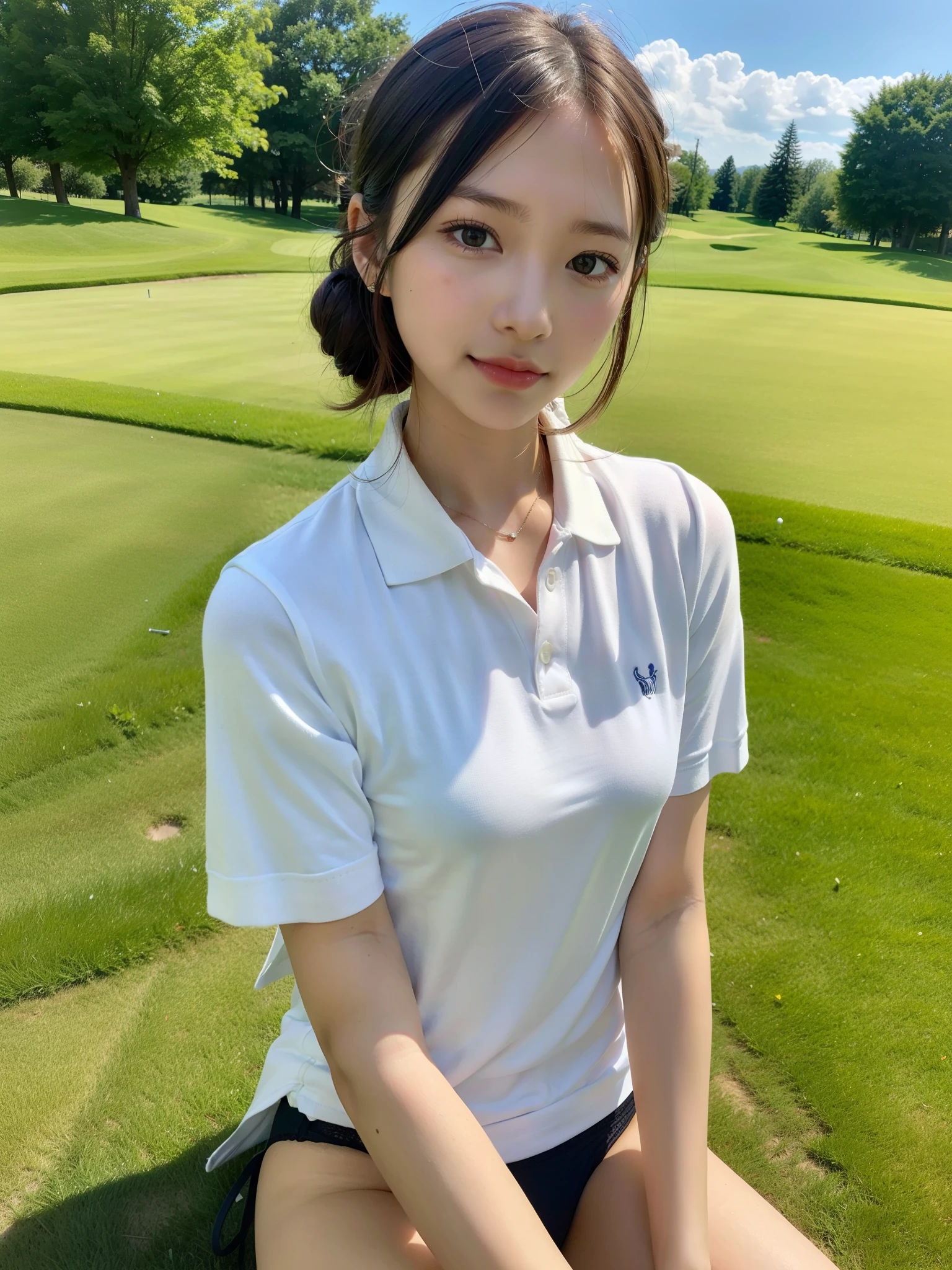((Best of the highest quality, 8k, Masterpiece: 1.3, raw photo)), Sharp focus: 1.2, (1 AESPA, slim body type female, 21 y/o: 1.1), (Solo: 1.28), (realistic, photo-realistic:1.37), face focus, cute face, finely eyes, (small breasts, flat chest, Thigh: 1.3), (short messy hair, updo: 1.28), (polo shirt, panties: 1.32), sitting Golf course, flower