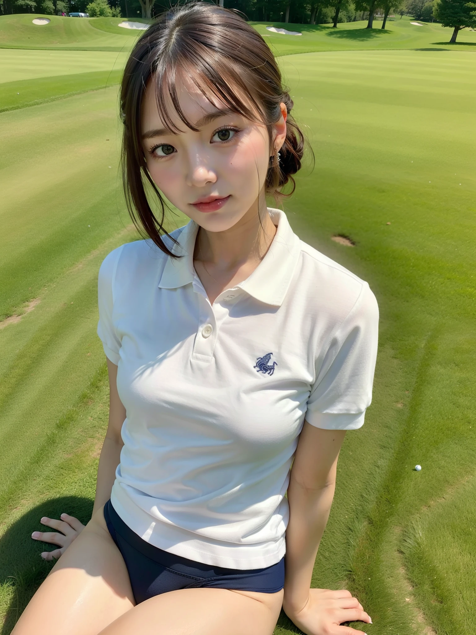 ((Best of the highest quality, 8k, Masterpiece: 1.3, raw photo)), Sharp focus: 1.2, (1 AESPA, slim body type female, 21 y/o: 1.1), (Solo: 1.28), (realistic, photo-realistic:1.37), face focus, cute face, finely eyes, (small breasts, flat chest, Thigh: 1.3), (short messy hair, updo: 1.28), (polo shirt, panties: 1.32), sitting Golf course, flower