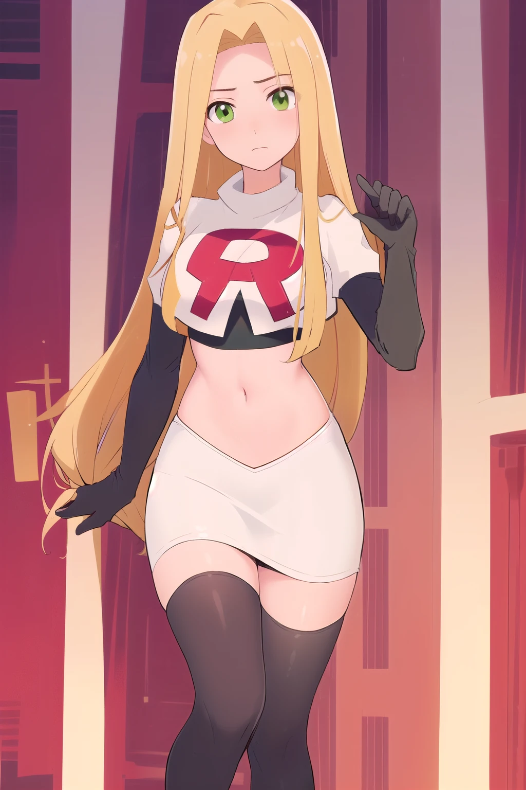 (masterpiece, best quality, high resolution:1.4), rapunzel, green eyes, (loose hair:1.3), looking at viewer, team rocket,team rocket uniform,white skirt,red letter R,crop top,black thigh-highs,black elbow gloves