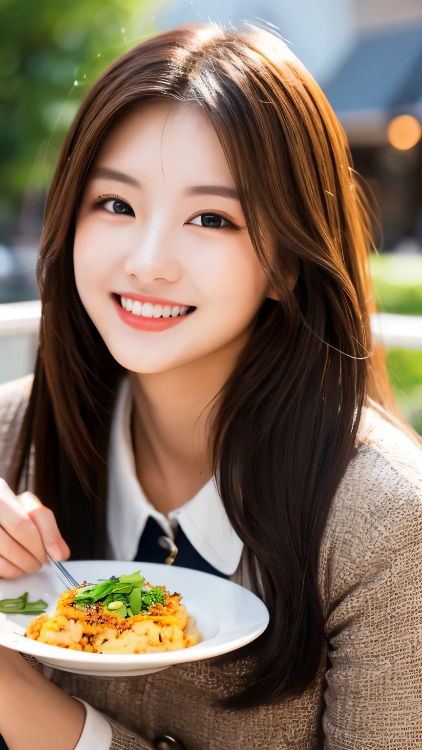 highest quality, , Very detailed, In detail, High resolution, 8k wallpaper, Perfect dynamic composition, Beautiful fine details, OL、、Women's Suits、lunch、meal、Long Hair, Natural color lip, Bold sexy pose,smile,20-year-old girl、cute、sexy shot looking at camera