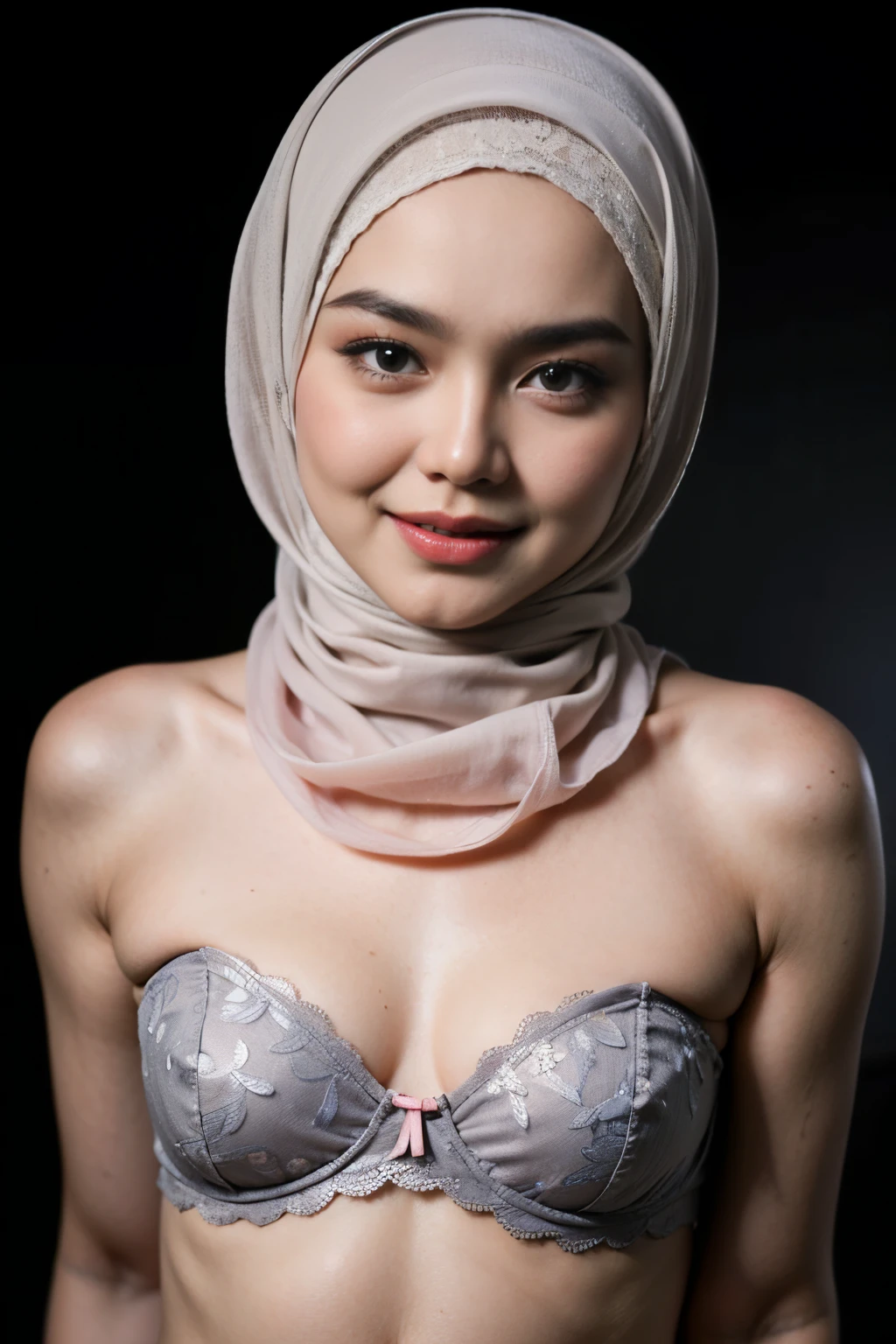 (from behind up) seductive pose, ((Flat Chest:1.2)), (Happy smile), (((HIJAB MALAY GIRL))), masutepiece, High quality, UHD 32K, Realistic face, Realistic skin feeling , A Japanese Lady, 58 years old matured lady, , Very cute and baby-like face, (((FLAT CHEST))), (Night time at forest), ((look In front  at the camera and SADNESS)), (((GREY FLUORESCENT))), (((CUTE GIRL))), ((GREY FLUORESCENT LIPS)), ((Floral Pattern)) little ((wearing pastel lace strapless bra)), dark night background , black forest night, horror scary place,